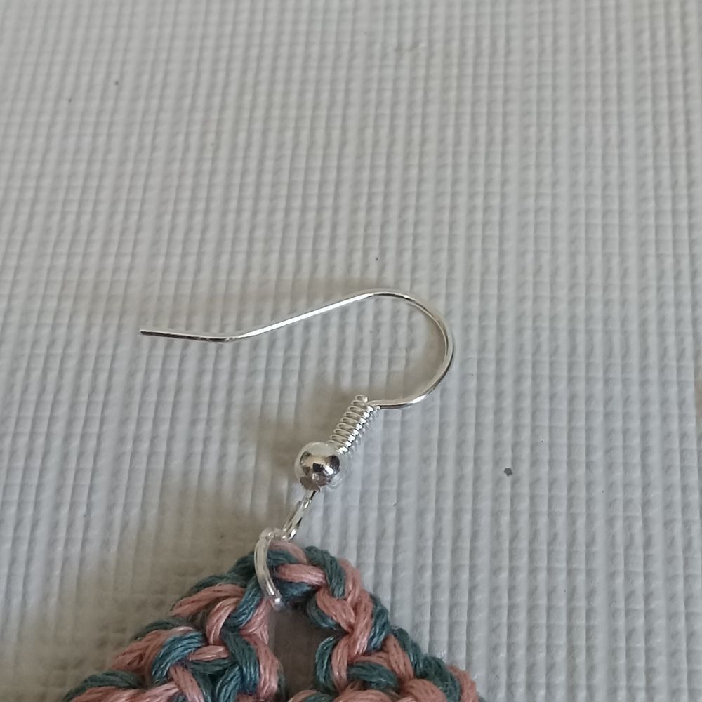 Handmade Crochet Blue and Pink Triangle Shaped Lightweight Dangle Style Earrings - Picture 10 of 11